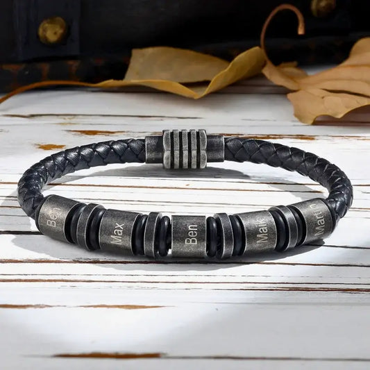 Bracelet Gravé Homme – Cuir Noir Tressé, Jusqu'à 5 Perles en Acier avec Prénoms, Cadeau pour Papa, Lui