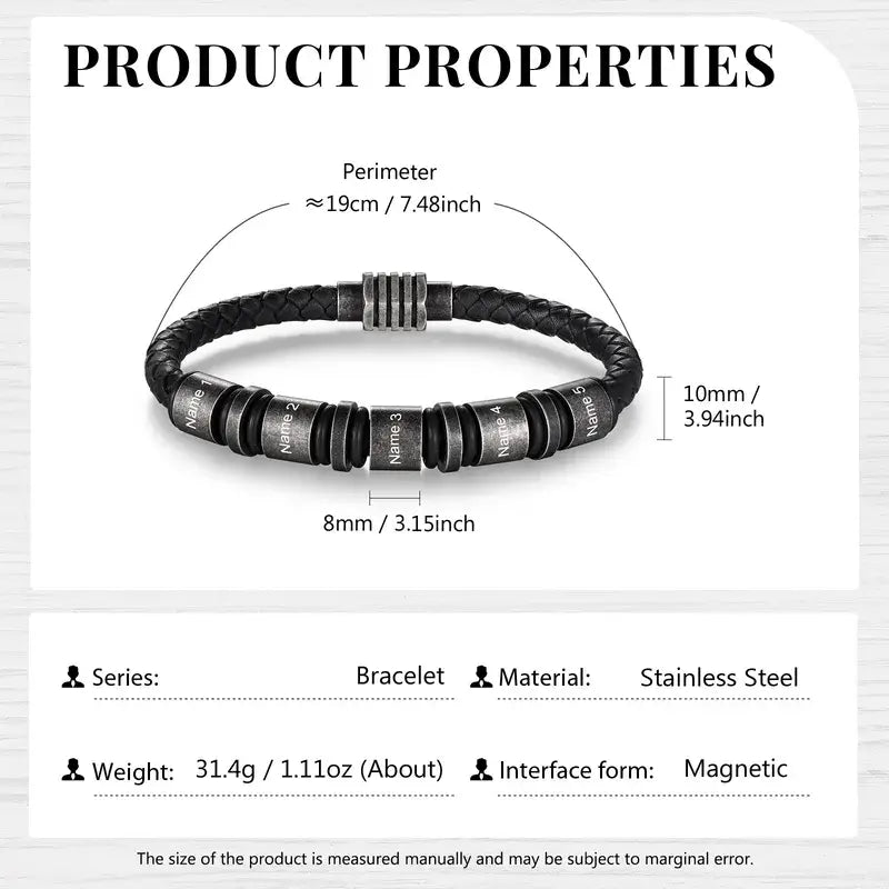 Bracelet Gravé Homme – Cuir Noir Tressé, Jusqu'à 5 Perles en Acier avec Prénoms, Cadeau pour Papa, Lui