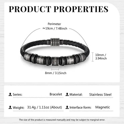 Bracelet Gravé Homme – Cuir Noir Tressé, Jusqu'à 5 Perles en Acier avec Prénoms, Cadeau pour Papa, Lui