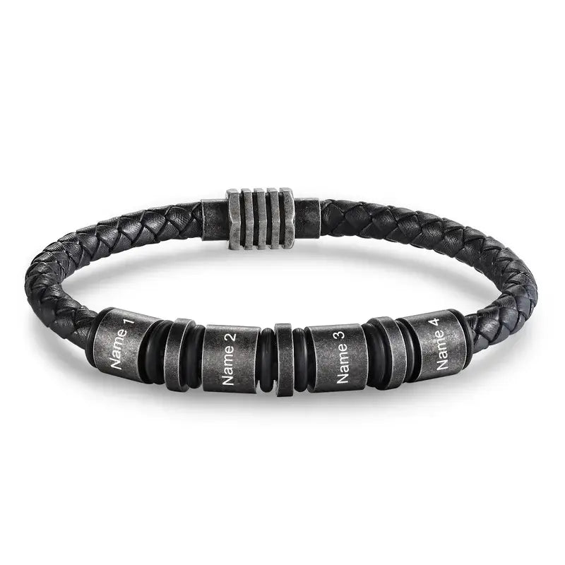 Bracelet Gravé Homme – Cuir Noir Tressé, Jusqu'à 5 Perles en Acier avec Prénoms, Cadeau pour Papa, Lui
