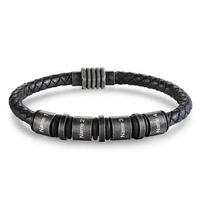 Bracelet Gravé Homme – Cuir Noir Tressé, Jusqu'à 5 Perles en Acier avec Prénoms, Cadeau pour Papa, Lui