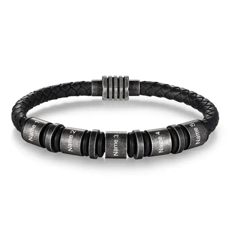 Bracelet Gravé Homme – Cuir Noir Tressé, Jusqu'à 5 Perles en Acier avec Prénoms, Cadeau pour Papa, Lui