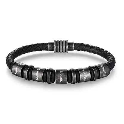 Bracelet Gravé Homme – Cuir Noir Tressé, Jusqu'à 5 Perles en Acier avec Prénoms, Cadeau pour Papa, Lui