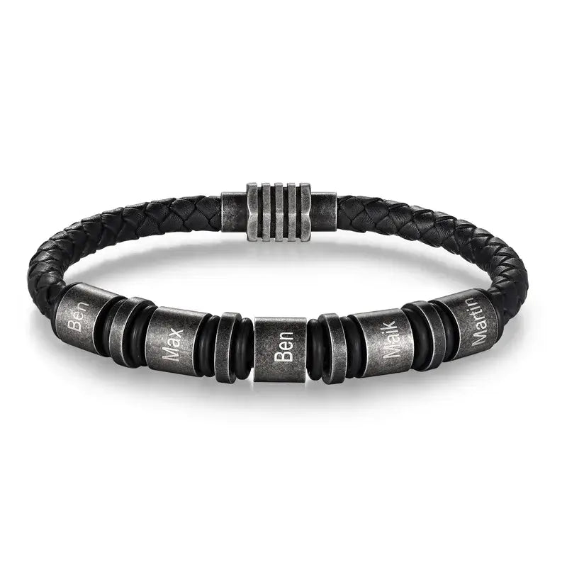 Bracelet Gravé Homme – Cuir Noir Tressé, Jusqu'à 5 Perles en Acier avec Prénoms, Cadeau pour Papa, Lui