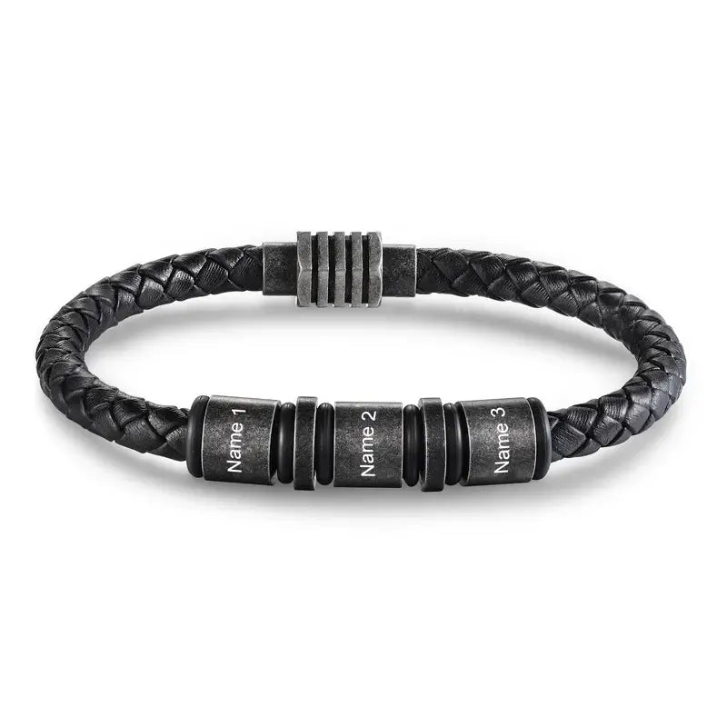 Bracelet Gravé Homme – Cuir Noir Tressé, Jusqu'à 5 Perles en Acier avec Prénoms, Cadeau pour Papa, Lui