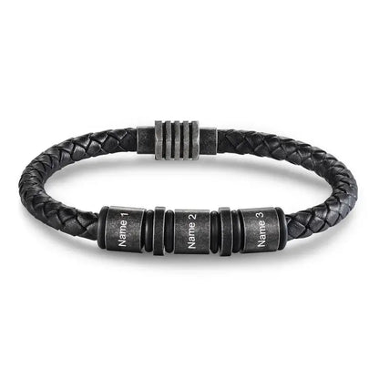 Bracelet Gravé Homme – Cuir Noir Tressé, Jusqu'à 5 Perles en Acier avec Prénoms, Cadeau pour Papa, Lui