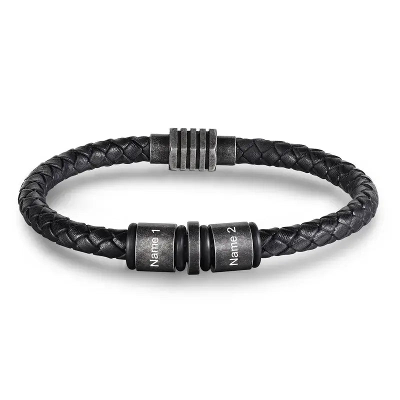 Bracelet Gravé Homme – Cuir Noir Tressé, Jusqu'à 5 Perles en Acier avec Prénoms, Cadeau pour Papa, Lui