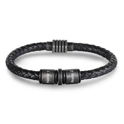Bracelet Gravé Homme – Cuir Noir Tressé, Jusqu'à 5 Perles en Acier avec Prénoms, Cadeau pour Papa, Lui