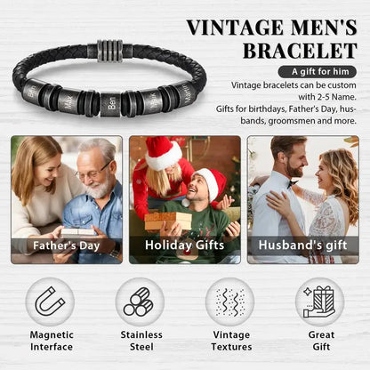 Bracelet Gravé Homme – Cuir Noir Tressé, Jusqu'à 5 Perles en Acier avec Prénoms, Cadeau pour Papa, Lui