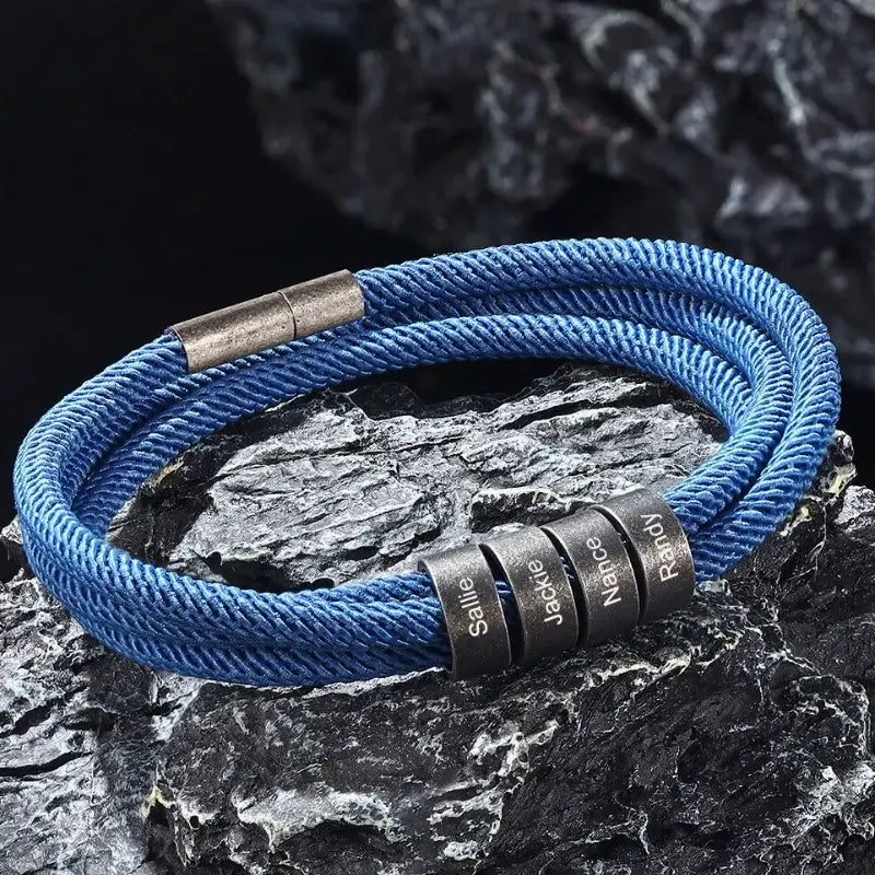 Bracelet Gravé Homme – Acier Inoxydable et Cordon Nylon Noir ou Bleu, Prénoms Gravés, Cadeau pour Lui, Papa, Mari