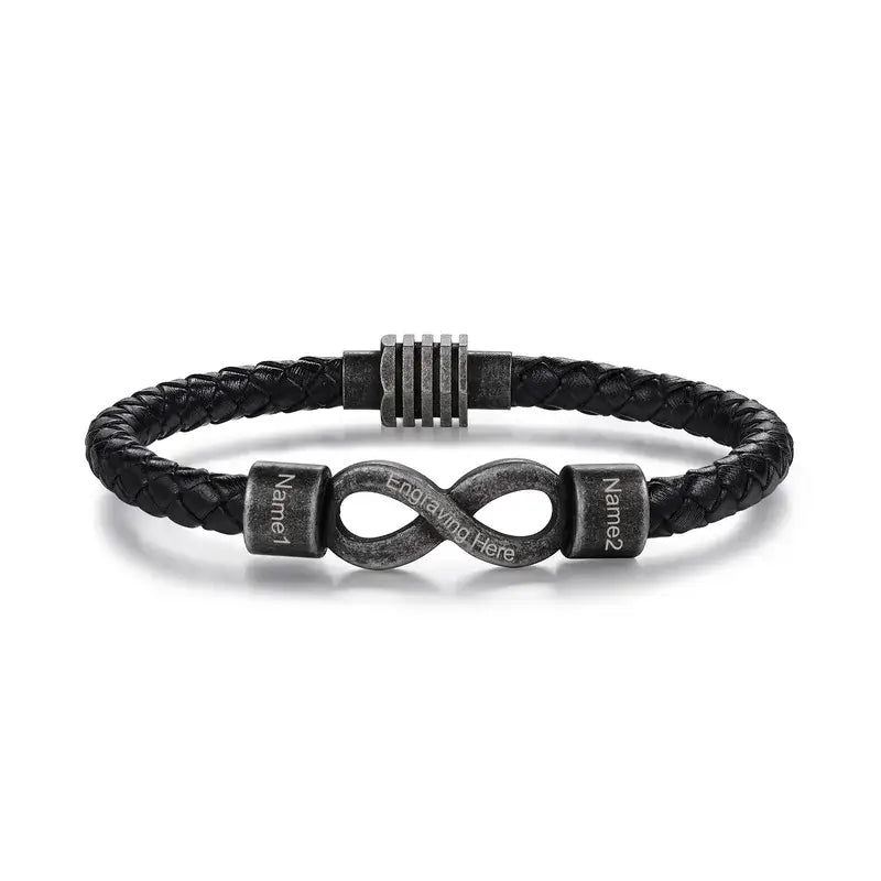 Bracelet Gravé Homme – Cuir Noir avec Symbole Infini en Acier, Prénom Personnalisé, Cadeau pour Lui, Papa, Anniversaire