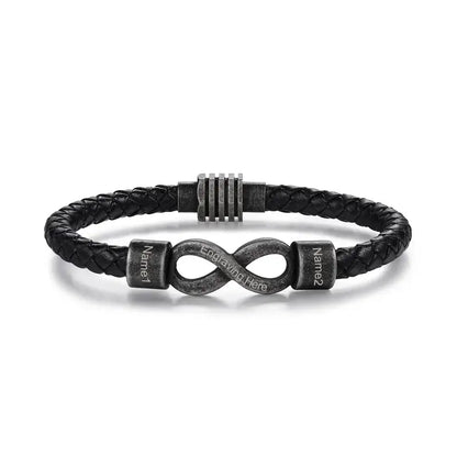 Bracelet Gravé Homme – Cuir Noir avec Symbole Infini en Acier, Prénom Personnalisé, Cadeau pour Lui, Papa, Anniversaire