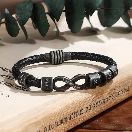 Bracelet Gravé Homme – Cuir Noir avec Symbole Infini en Acier, Prénom Personnalisé, Cadeau pour Lui, Papa, Anniversaire