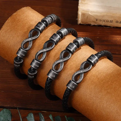 Bracelet Gravé Homme – Cuir Noir avec Symbole Infini en Acier, Prénom Personnalisé, Cadeau pour Lui, Papa, Anniversaire