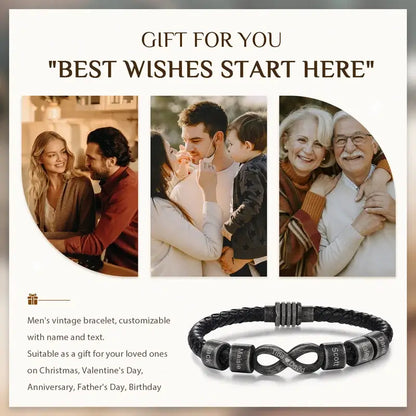 Bracelet Gravé Homme – Cuir Noir avec Symbole Infini en Acier, Prénom Personnalisé, Cadeau pour Lui, Papa, Anniversaire