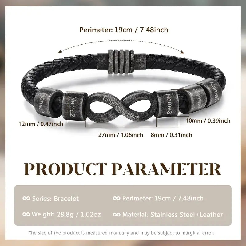 Bracelet Gravé Homme – Cuir Noir avec Symbole Infini en Acier, Prénom Personnalisé, Cadeau pour Lui, Papa, Anniversaire