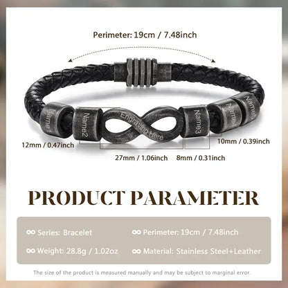 Bracelet Gravé Homme – Cuir Noir avec Symbole Infini en Acier, Prénom Personnalisé, Cadeau pour Lui, Papa, Anniversaire