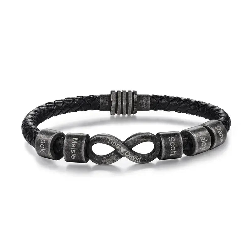 Bracelet Gravé Homme – Cuir Noir avec Symbole Infini en Acier, Prénom Personnalisé, Cadeau pour Lui, Papa, Anniversaire