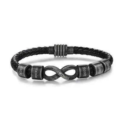 Bracelet Gravé Homme – Cuir Noir avec Symbole Infini en Acier, Prénom Personnalisé, Cadeau pour Lui, Papa, Anniversaire