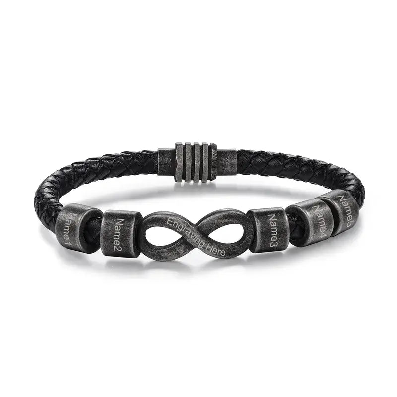 Bracelet Gravé Homme – Cuir Noir avec Symbole Infini en Acier, Prénom Personnalisé, Cadeau pour Lui, Papa, Anniversaire