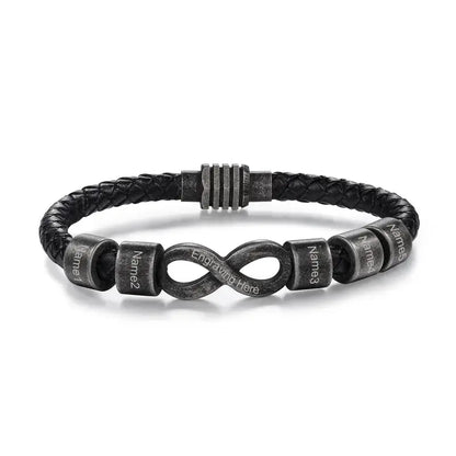 Bracelet Gravé Homme – Cuir Noir avec Symbole Infini en Acier, Prénom Personnalisé, Cadeau pour Lui, Papa, Anniversaire