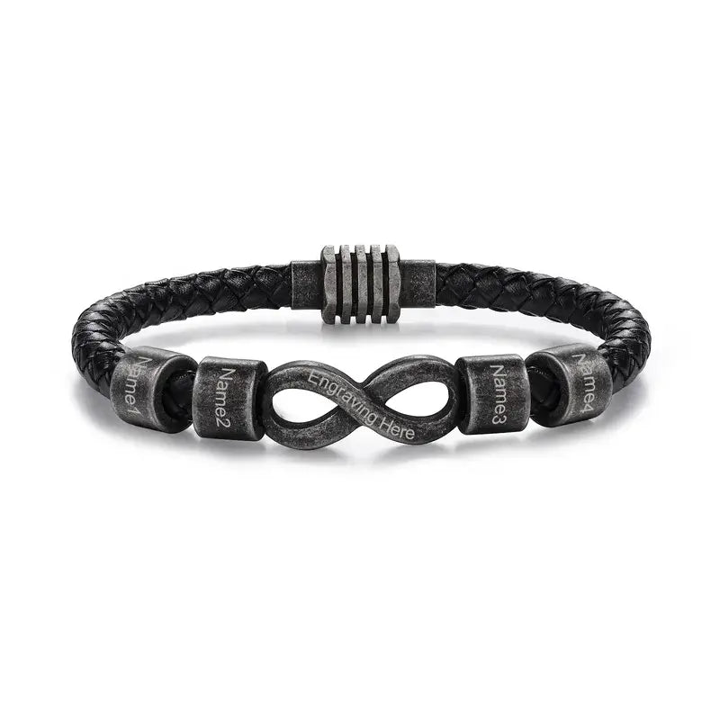 Bracelet Gravé Homme – Cuir Noir avec Symbole Infini en Acier, Prénom Personnalisé, Cadeau pour Lui, Papa, Anniversaire