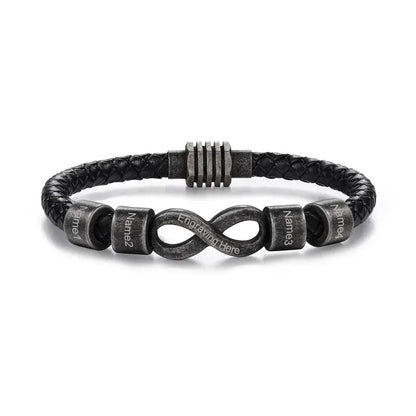 Bracelet Gravé Homme – Cuir Noir avec Symbole Infini en Acier, Prénom Personnalisé, Cadeau pour Lui, Papa, Anniversaire