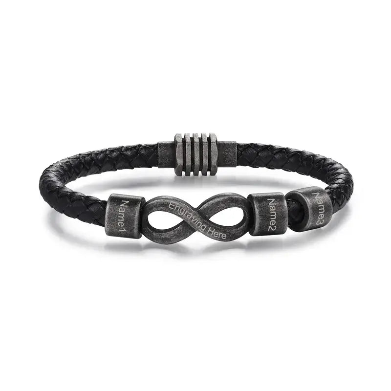 Bracelet Gravé Homme – Cuir Noir avec Symbole Infini en Acier, Prénom Personnalisé, Cadeau pour Lui, Papa, Anniversaire