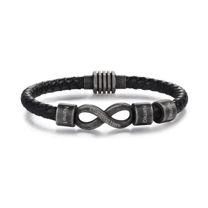 Bracelet Gravé Homme – Cuir Noir avec Symbole Infini en Acier, Prénom Personnalisé, Cadeau pour Lui, Papa, Anniversaire