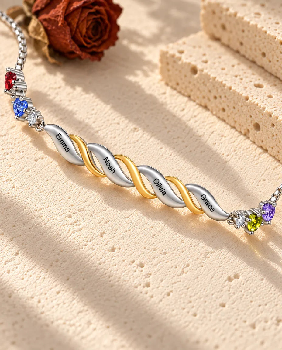 Bracelet Gravé pour Maman - gros plan des prénoms gravés et des pierres de naissance