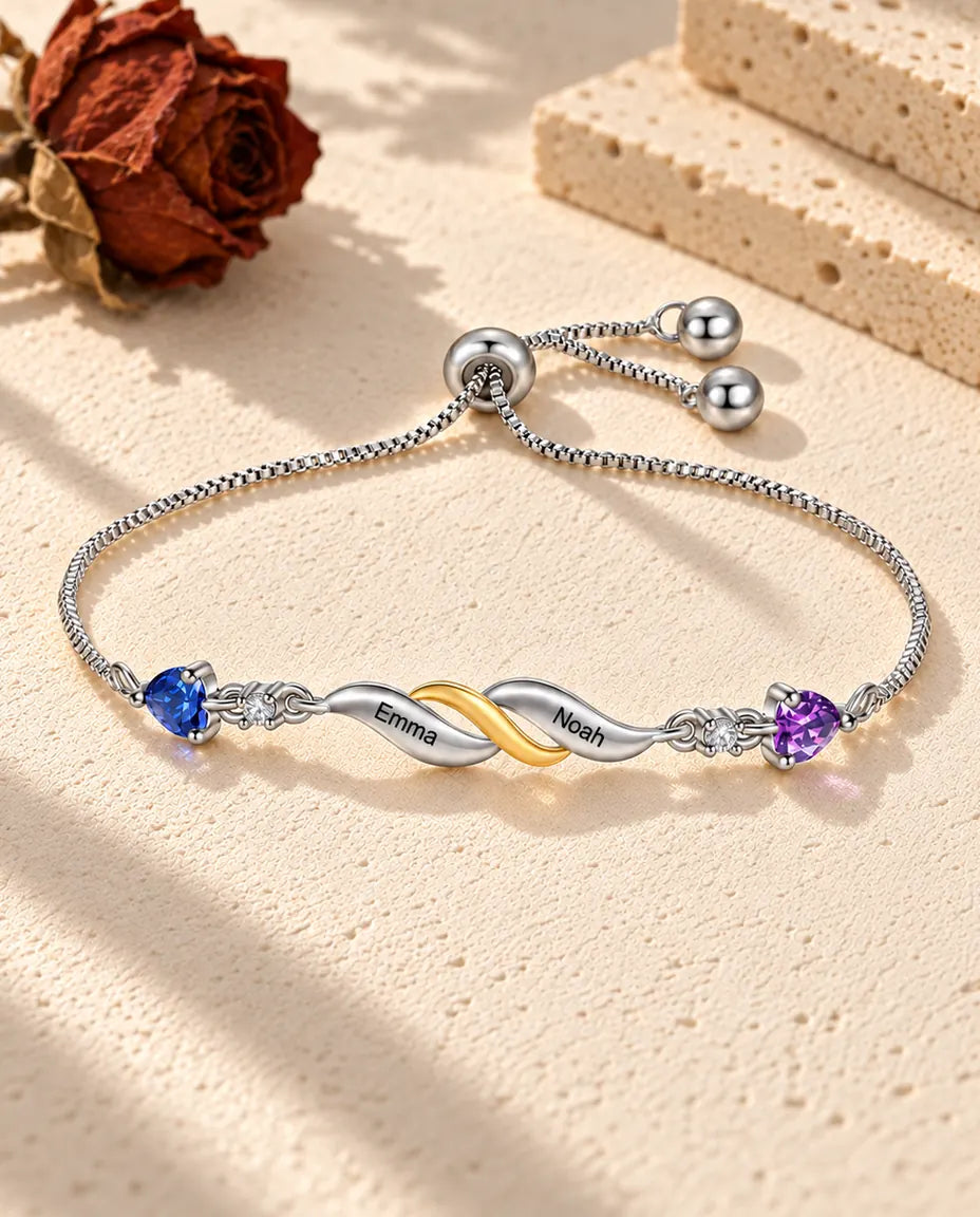 Bracelet Gravé pour Maman - version à 2 prénoms et pierres de naissance