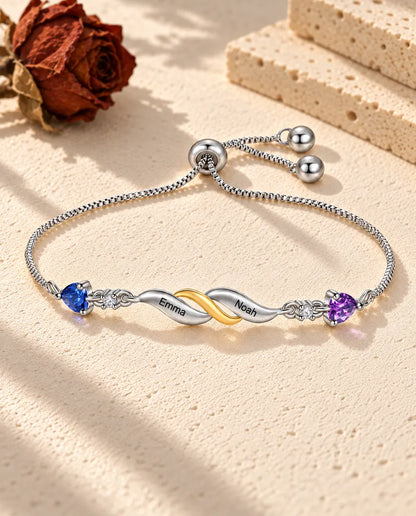 Bracelet Gravé pour Maman - version à 2 prénoms et pierres de naissance