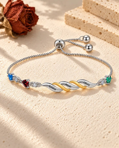 Bracelet Gravé pour Maman - version à 3 prénoms et pierres de naissance