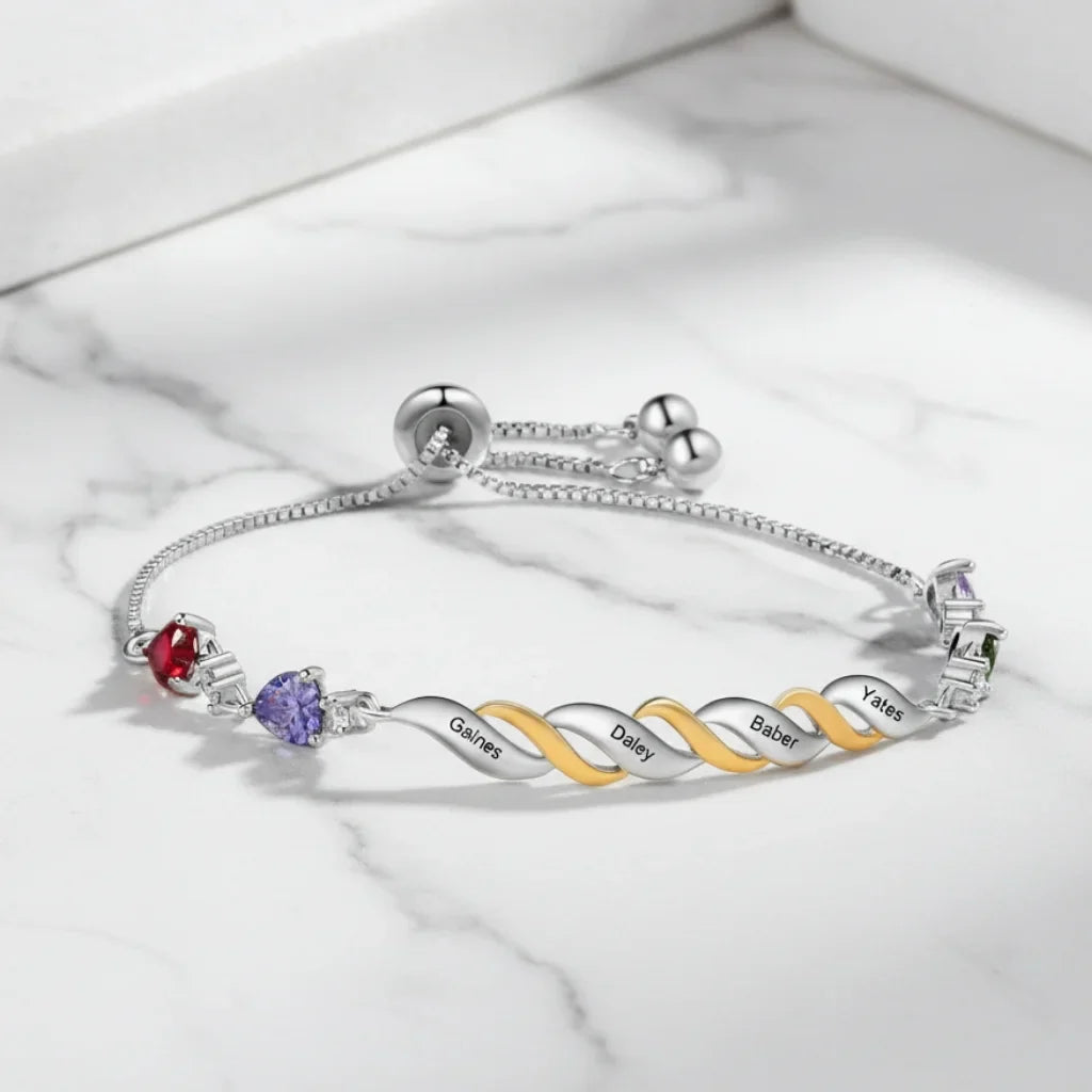 Bracelet Gravé pour Maman – 2 à 4 Pierres de Naissance Cœur, Prénom Personnalisé, Cadeau Fête des Mères, Anniversaire