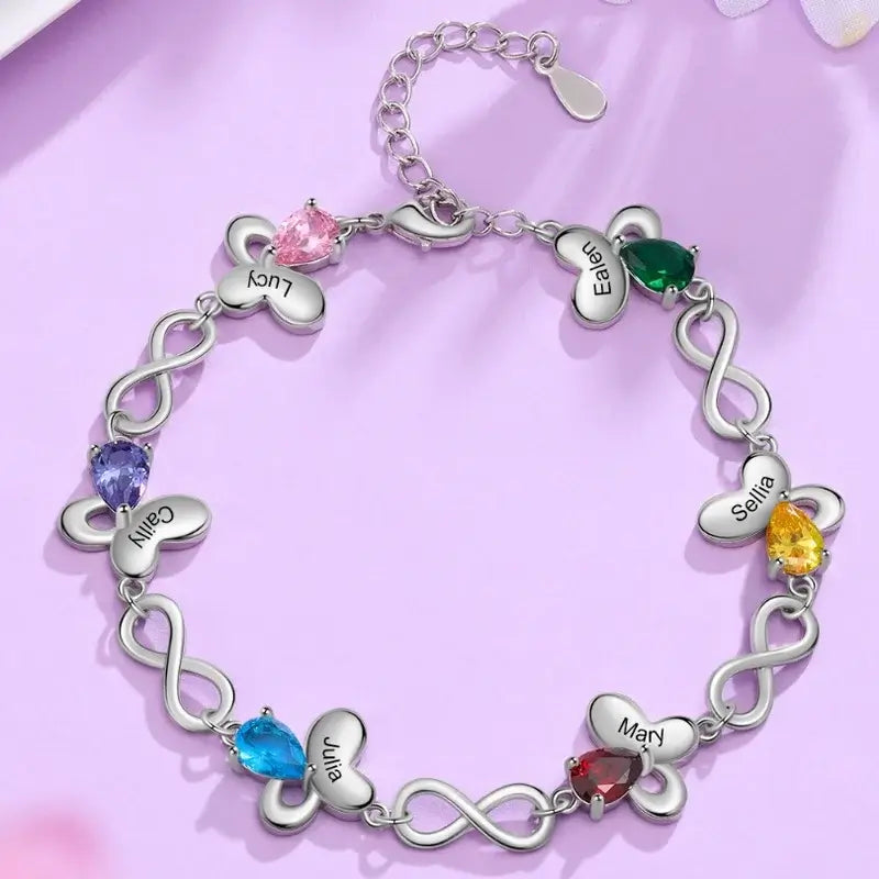 Bracelet Gravé Femme – Papillon et infini avec prénom gravé et jusqu'à 6 pierres de naissance, cadeau pour maman