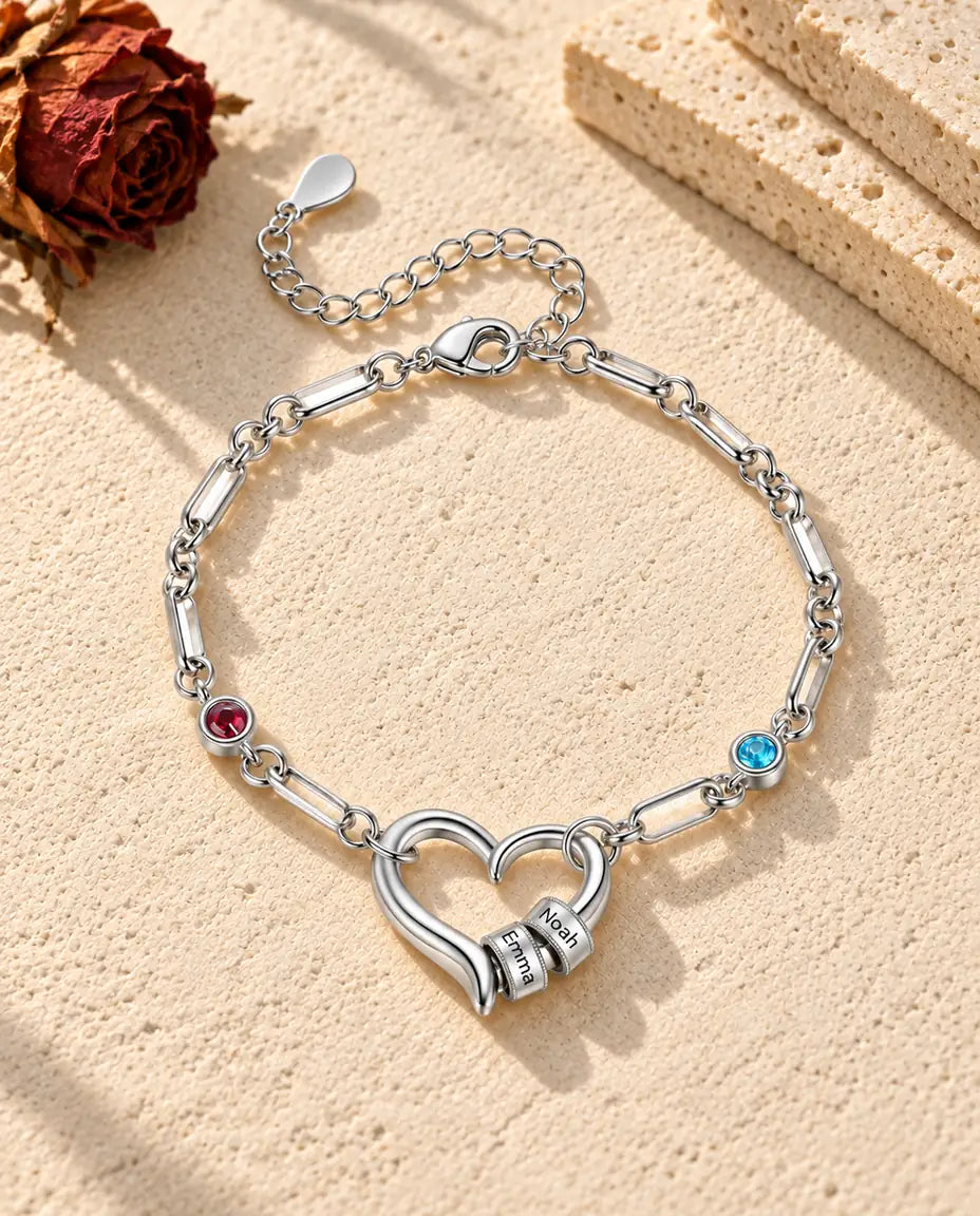Bracelet Gravé Femme - version à 2 prénoms et pierres de naissance