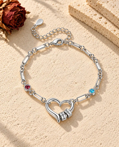 Bracelet Gravé Femme - version à 2 prénoms et pierres de naissance