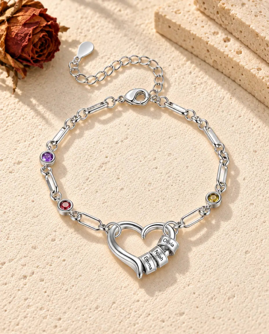 Bracelet Gravé Femme - version à 3 prénoms et pierres de naissance