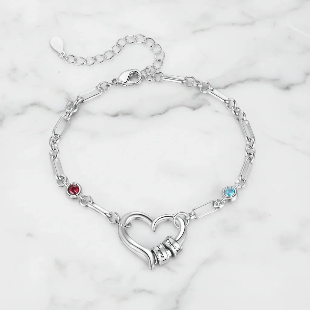 Bracelet Gravé Femme – Perles Prénoms et Pierres de Naissance, Plaqué Or Blanc, Cadeau pour Maman