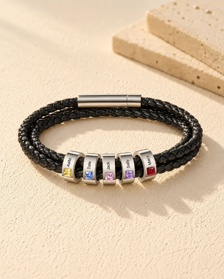 Bracelet Homme en Cuir - version à 5 prénoms et pierres de naissance
