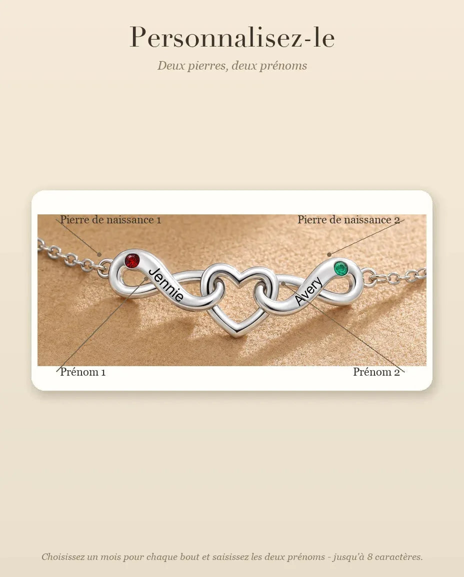 Bracelet Infini Personnalisé 2 Prénoms - deux boucles infinies autour d'un cœur - guide de personnalisation : prénoms et pierres de naissance
