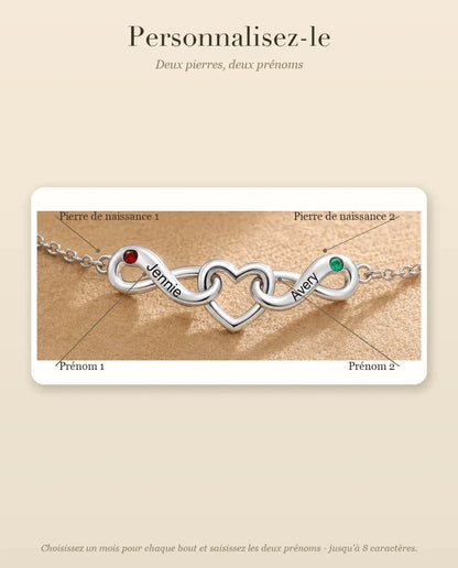 Bracelet Infini Personnalisé 2 Prénoms - deux boucles infinies autour d'un cœur - guide de personnalisation : prénoms et pierres de naissance