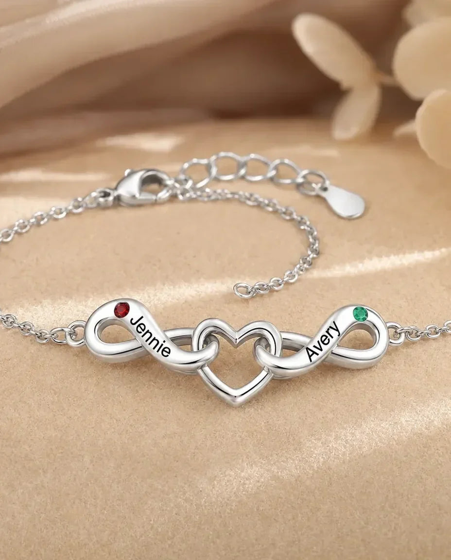 Bracelet Infini Personnalisé 2 Prénoms - deux boucles infinies autour d'un cœur, deux pierres de naissance