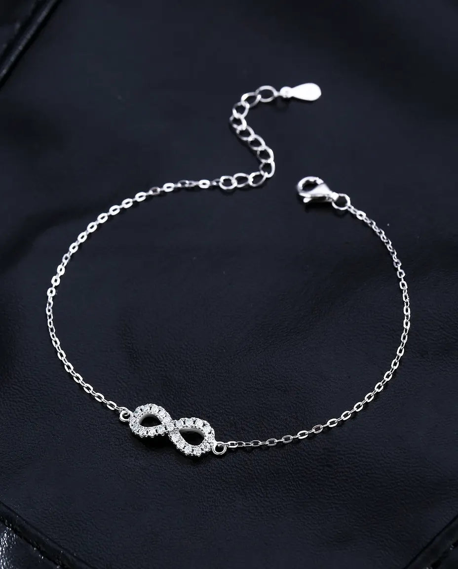 Bracelet infini moissanite – symbole pavé de 21 pierres couleur D en argent 925, chaîne à maillons