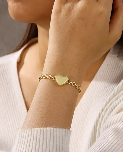 Bracelet médaillon cœur personnalisé avec 2 photos – maille dorée style bracelet de montre, cadeau pour elle