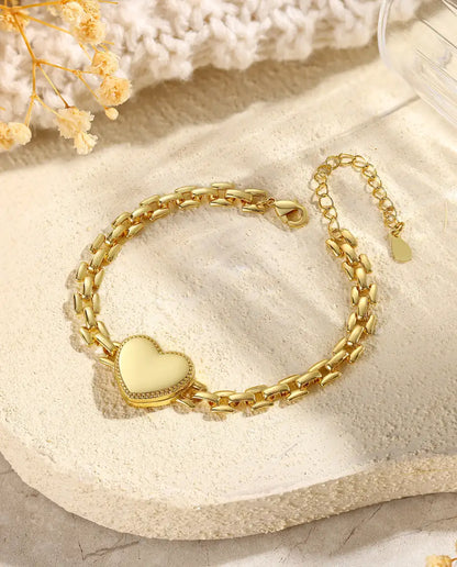 Bracelet médaillon cœur personnalisé avec 2 photos – maille dorée style bracelet de montre, cadeau pour elle