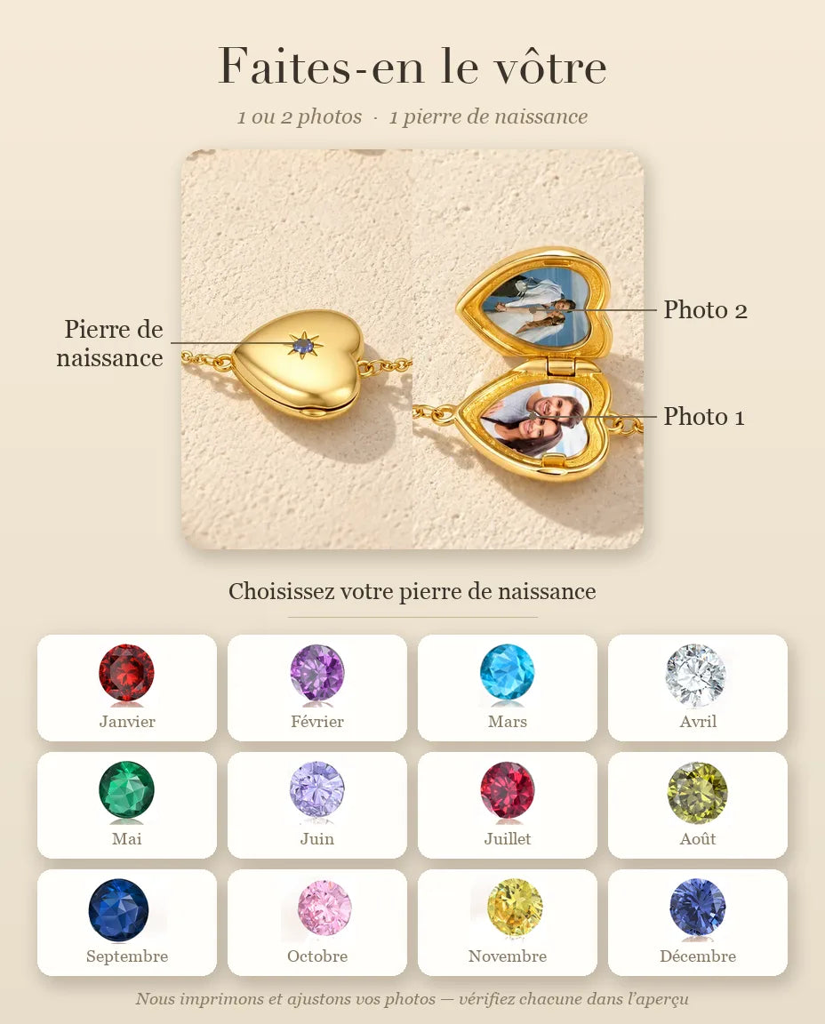 Guide de personnalisation du bracelet médaillon cœur : Pierre de naissance, Photo 1 et Photo 2