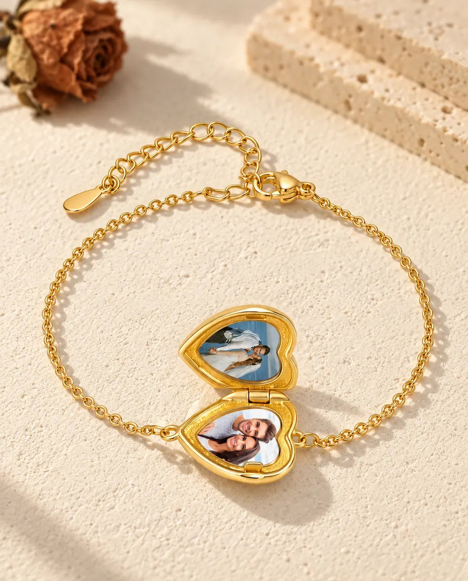 Bracelet médaillon cœur ouvert, avec deux photos à l’intérieur