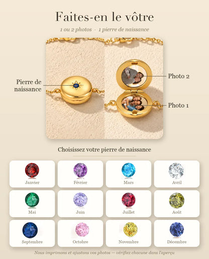 Guide de personnalisation du bracelet médaillon rond : Pierre de naissance, Photo 1 et Photo 2