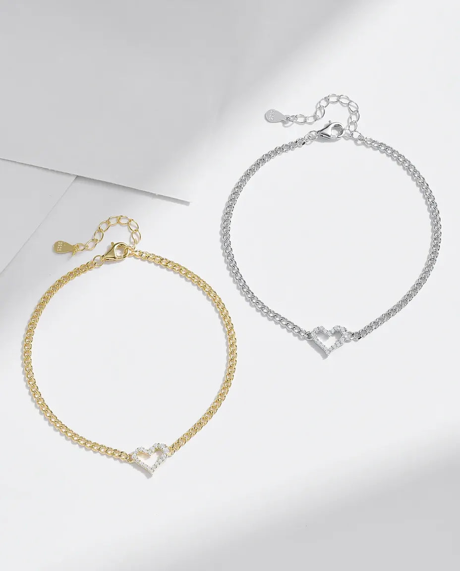 Bracelet Moissanite Cœur Ouvert sur chaîne gourmette – argent 925 ou doré à l'or fin, pierre couleur D, réglable
